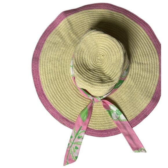 Lilly Pulitzer Straw Sun Hat Wide Brim‎ Pink Trim Floppy Beach Scarf Band #33499 - Picture 3 of 12